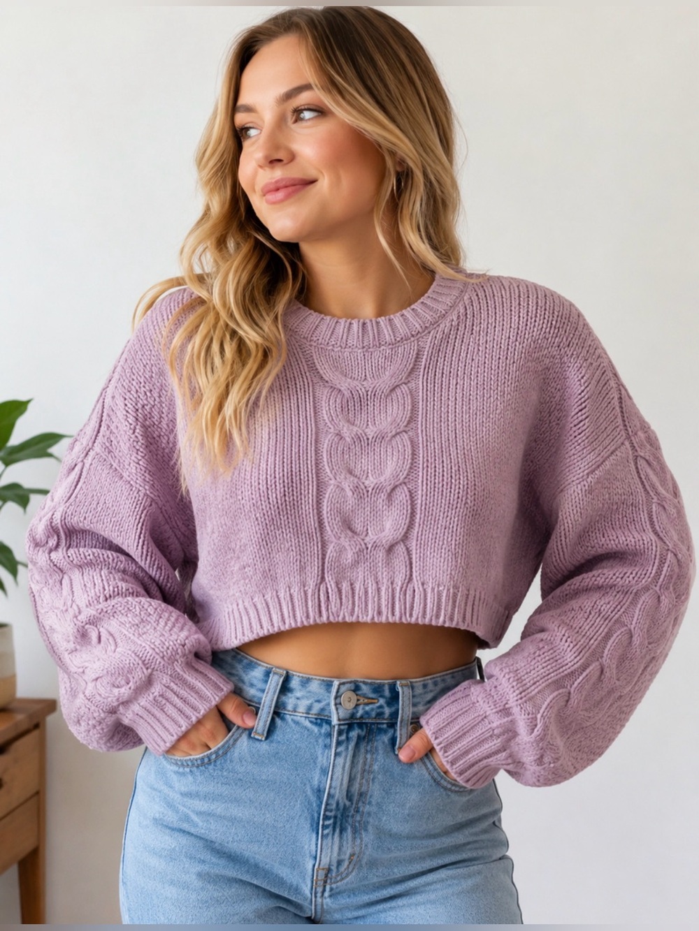 Sadie & Sage Purple Cropped Cable Knit Sweater | Chunky Cozy Knit M/L